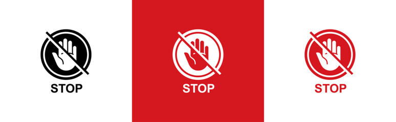 Stop sign with hand or palm flat icon. red stop symbol. hand block, Do Not Enter or forbidden signs, vector illustration