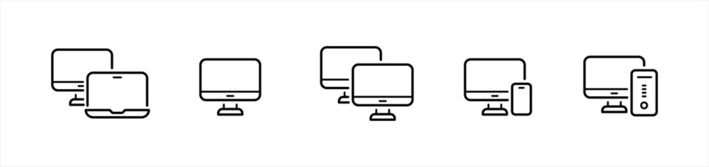 Device responsive line icons. laptop and desktop computer symbol. smartphone, tablet signs, vector illustration