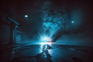 Dark empty scene, blue neon searchlight light, wet asphalt, smoke, night view, rays