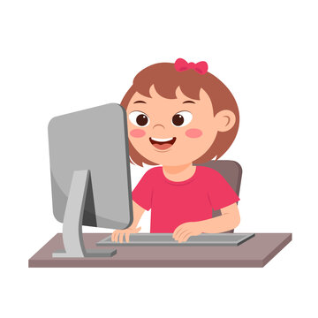 Cute little girl with down syndrome use computer to study. Technology concepts for education. Cartoon vector illustration isolated on a white background.