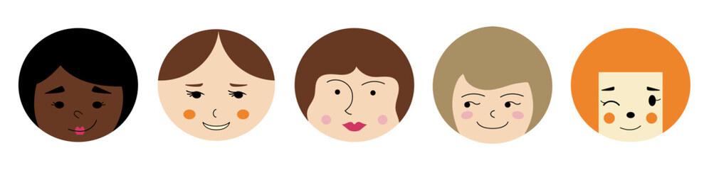 Feminine look, abstract personage, mascot design, funny face, cute icon.