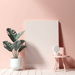 poster mockup with pink background and room with a plant generative AI