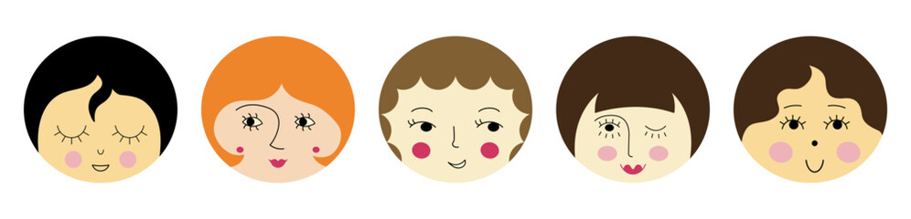 Feminine look, abstract personage, mascot design, funny face, cute icon.