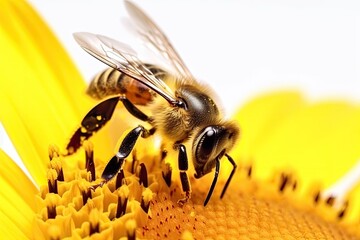 n this stunning image, we see a macro view of a honey bee sitting on a vibrant sunflower, with a soft and blurry background to enhance the focus on the bee and the flower