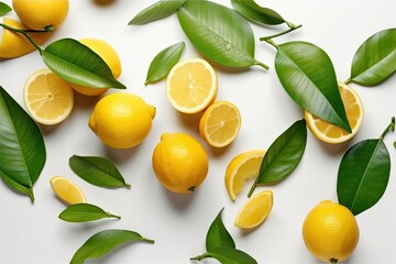 This stunning image captures a bunch of juicy, ripe yellow lemons, with some of them suspended in mid-air, against a light-colored background with green leaves