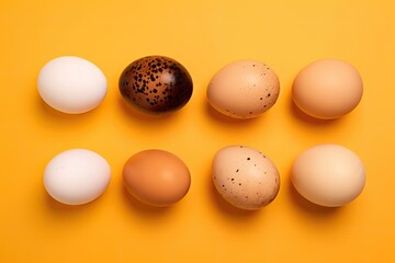This eye-catching image features a set of different types of eggs arranged on a vibrant yellow background.