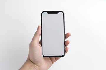  a smartphone held in a hand, with a blank white screen. The phone appears to be a modern design with slim bezels and a sleek, glossy finish. 
