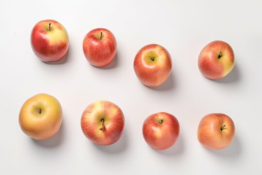 This image depicts a set of fresh, juicy apples arranged in different angles on a pristine white background