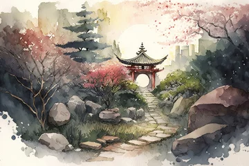 Poster japanese landscape in watercolor with a fairy garden, ink landscape painting created digitally Generative AI © EnelEva