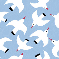 Cute Summer beach seamless  pattern with wave and seagull - vector print in flat style