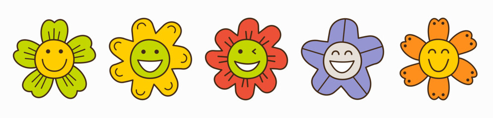 Smiling flower, abstract personage, mascot design, funny face, cute icon.