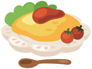 オムライスのイラスト_コロンとかわいいシンプルお料理ベクターイラスト。。。コロンとかわいいタッチで描かれたデフォルメイラストです。美味しそうなお料理のシリーズです。