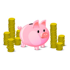Cartoon pink piggy bank coins. 3d money coin. Business concept. Vector illustration.
