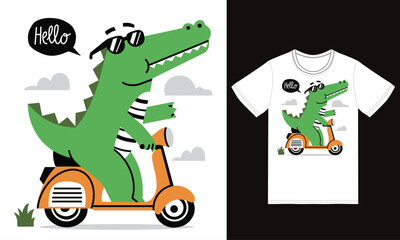 Cute dinosaur reading scooter illustration with tshirt design premium vector