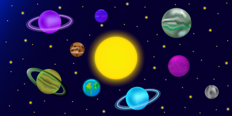 Obraz na płótnie Canvas Sky planet space in cartoon style. Colorful sky planet space in modern style. Space background. Vector illustration.
