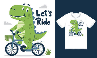 Cute dinosaur riding bike illustration with tshirt design premium vector
