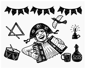 Sanfoneiro e conjunto de ícones. coleção de artes para festa junina. Vetores separados.