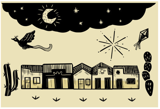 Cidade do interior em noite de festa junina. Arte em estilo xilogravura e literatura de cordel. Vetores separados