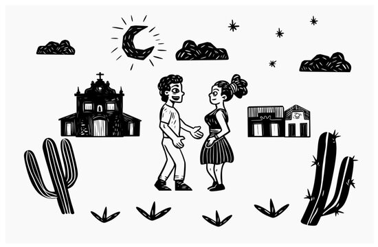 Casal dan&ccedil;ando forr&oacute; no interior do Nordeste. Cidadezinha de interior ao fundo. Estilo xilogravura e literatura de cordel.