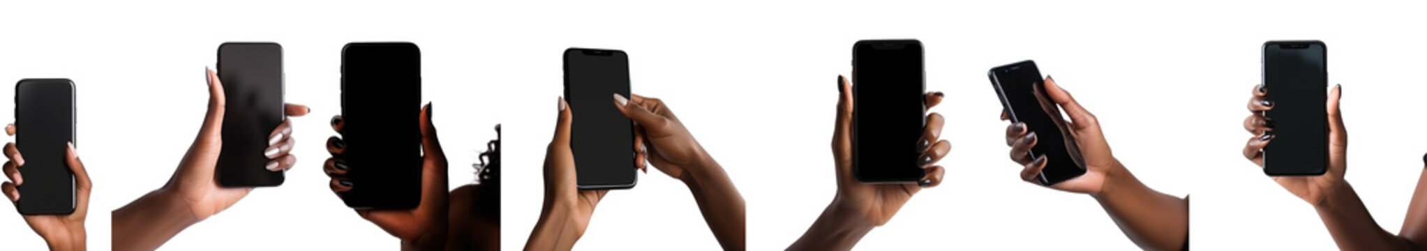 Smartphone hand holding. Set of modern black woman holding a smartphone isolated on blank background PNG