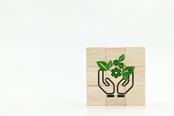 Hands holding gear and leaves on wooden cubes. Environmental technology concept. Sustainable...