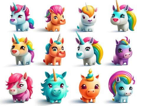 Set unicorn Cartoon cute character. Collection isolated on white background. generative ai