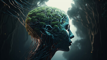 Humanoid head in a side profile with a tree growing inside, one futuristic tech. Generative AI