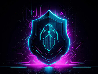 Fototapeta premium Concept of cyber security shield technology protecting data security and privacy. Neon - style illustration. Generative AI