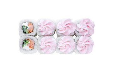 Sushi Rolls, Japanese foods, maki isolated background. Perfect for using in food commercial, menu, poster design. Top view