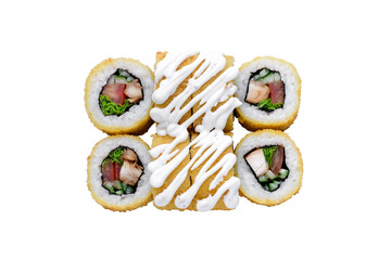 Sushi Rolls, Japanese foods, maki isolated background. Perfect for using in food commercial, menu, poster design. Top view
