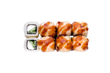 Sushi Rolls, Japanese foods, maki isolated background. Perfect for using in food commercial, menu, poster design. Top view