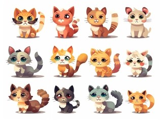 Fototapeta premium Set cats Cartoon cute character. Collection isolated on white background. generative ai