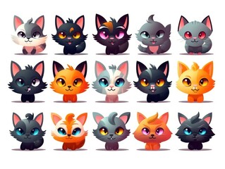 Set cats Cartoon cute character. Collection isolated on white background. generative ai