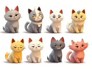 Fototapeta premium Set cats Cartoon cute character. Collection isolated on white background. generative ai
