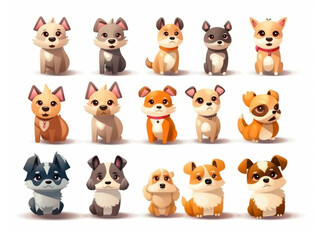 Set dog Cartoon cute character. Collection isolated on white background. generative ai