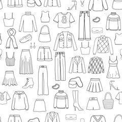 Vector hand drawn doodle seamless pattern. Hoodies and pants sketch illustration. Outline illustration clothes, shoes