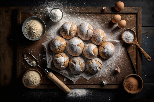 Freshly baked buns dusted with flour, lying on the table, created with Generative AI