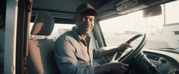 Mature man in cap driving truck, panoramic shot, Generative AI