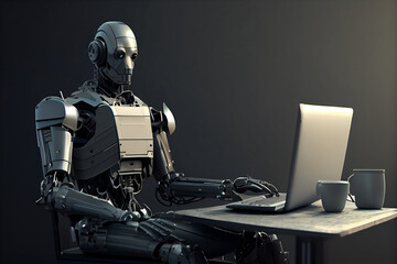 Obraz premium Chat bot assistant, Robot online assistance and machine customers support on desk with computer, robot working chatbot texting, coding or developing project, Generative AI