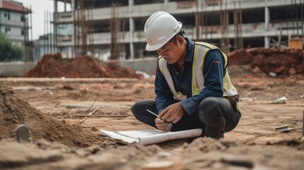 Asian engineer or architect working at construction site with blueprints, Generative AI