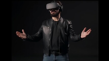 Fototapeta na wymiar Man wearing virtual reality goggles on black background. Future technology concept. Generative AI