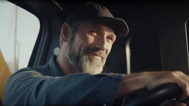 Close-up of a bearded man in a cap driving a truck, Generative AI