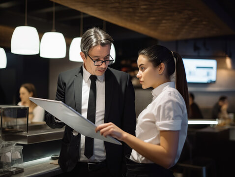 Businessman and businesswoman discussing over document while standing in coffee shop, Generative AI