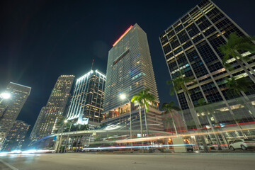 Downtown district of of Miami Brickell in Florida, USA. Brightly illuminated high skyscraper...