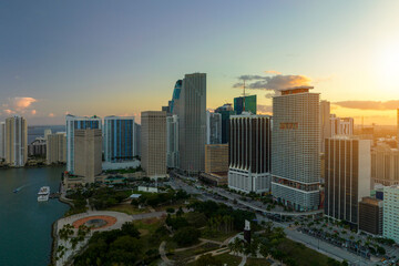 Evening urban landscape of downtown district of Miami Brickell in Florida, USA. Skyline with dark...