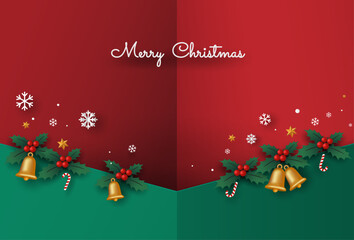 Merry Christmas or New year card with bell and pine leaves on red and green background. Vector illustration art in paper cut design.
