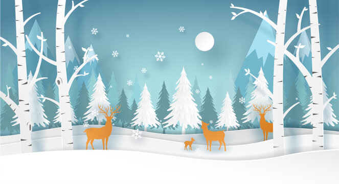 Deer family  in the forest in winter season with white tree and snow. Christmas card in vector paper art.