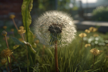 closeup of a dandelion with a slightly blurred green lawn in the background, Generative AI