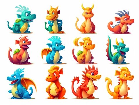 Set Dragon Cartoon cute character. Collection isolated on white background. generative ai