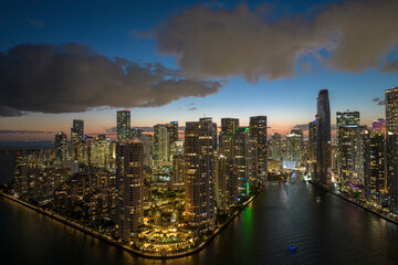 Night urban landscape of downtown district of Miami Brickell in Florida, USA. Skyline with brightly...